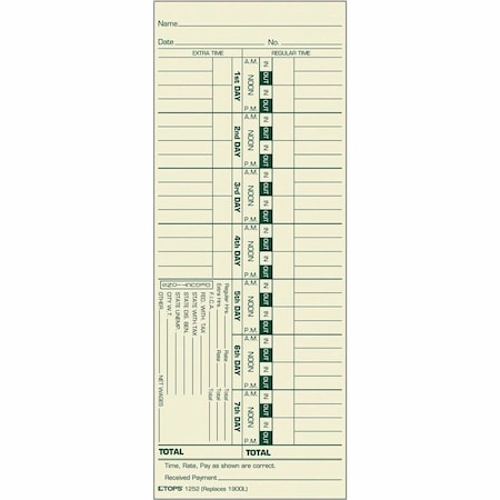 Tops Business Forms TOPS, Time Card For Acroprint And Lathem, Weekly, 3 1/2 X 9, 500PK 1252