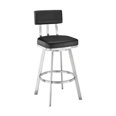 Armen Living Benjamin 30in Swivel Bar Stool in Brushed Stainless Steel with Black Faux Leather LCBEBABSBLK30