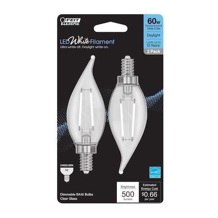 Feit Electric White BA10 E12 (Candelabra) LED Flame Bulb Daylight 60 Watt Equivalence, 2PK BPCFC60950WFIL2
