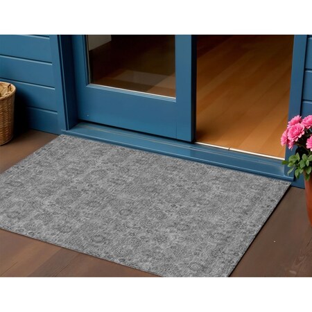 Homeroots 3' X 5' Gray Silver And Charcoal Floral Washable Indoor Outdoor Area Rug 582272