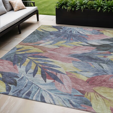 Homeroots 5' X 8' Denim Blue And Blush Floral Washable Indoor Outdoor Area Rug 611103