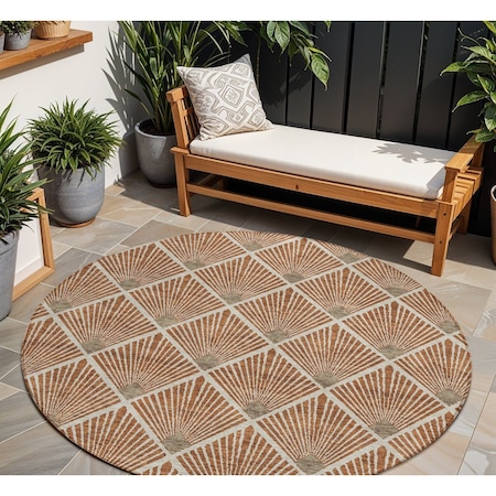 Homeroots 8' Brown Copper And Beige Round Geometric Washable Indoor Outdoor Area Rug 594739