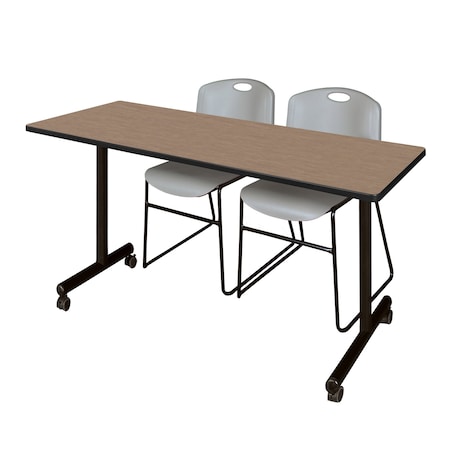 Regency Kobe Mobile T-Base Training Table W/ 2 Zeng Stack Chairs, 66 in W, 24 in L, Noble Oak MKTRCC6624NO44GY