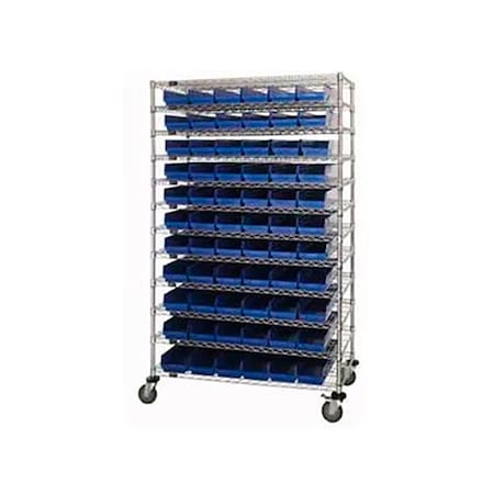 Global Industrial Chrome Wire Shelving with 140 4"H Plastic Shelf Bins Blue, 72x14x74 269050BL