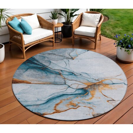 Homeroots 8' Sky Blue And Copper Round Abstract Washable Indoor Outdoor Area Rug 617874