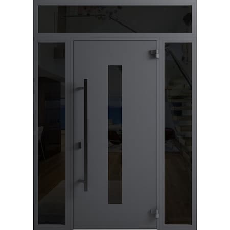 Vdomdoors Front Exterior Prehung Steel Door Ronex0130 Grey 2 Sidelight and Transom Window Sidelite Entry RONEX0130EXD-GRE-W14+36+14 X H80+16-LH-I