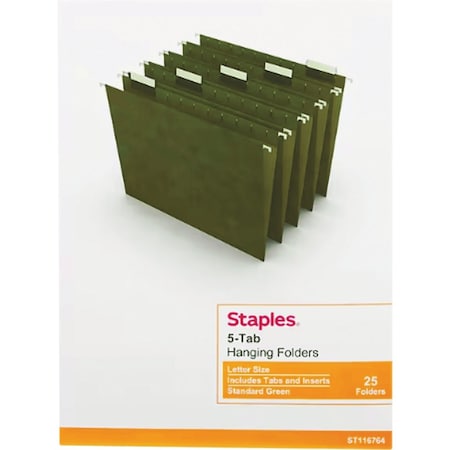 Staples 1/5-Cut Letter Size 100% Recycled Hanging File Folders, 25PK 116764