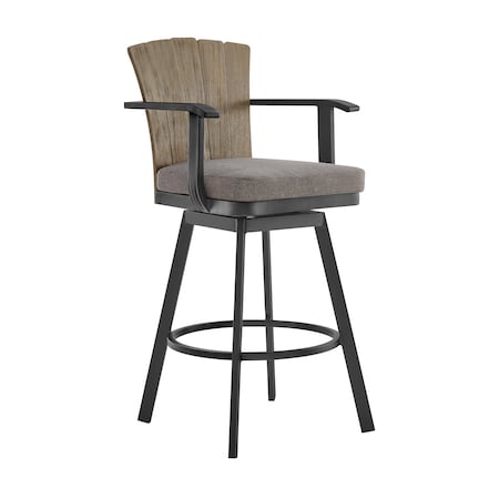 Armen Living Hazel Outdoor Patio Swivel Counter Stool in Aluminum with Teak Wood and Charcoal Cushion LCHABABLKCH26