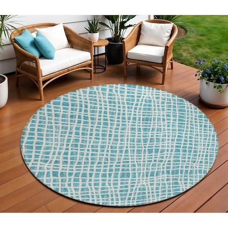 Homeroots 8' Teal Blue And Ivory Round Striped Washable Indoor Outdoor Area Rug 583464