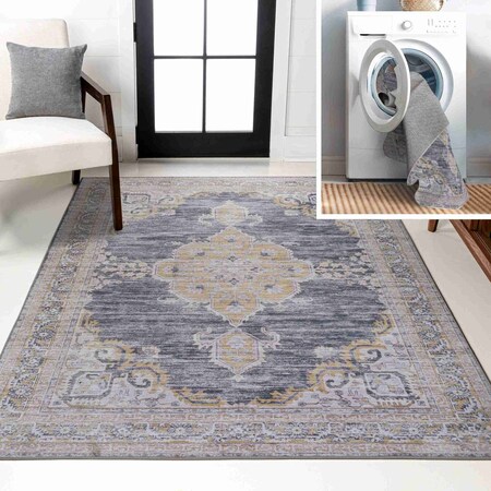Jonathan Y Wincer Chenille Cottage Medallion Non-Slip Machine-Washable Dark Gray/Yellow 3 ft. x 5 ft. Area Rug WSH202C-3