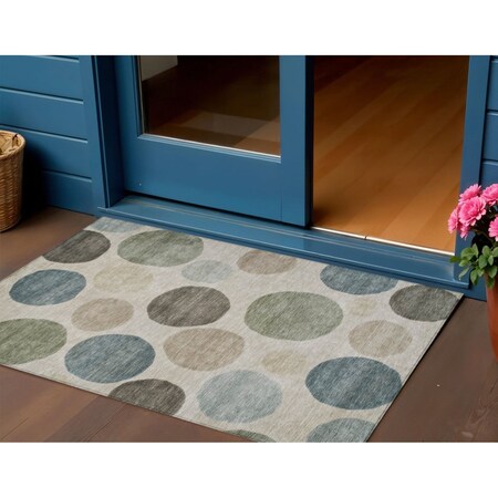 Homeroots 3' X 5' Khaki Fern Green And Teal Blue Geometric Washable Indoor Outdoor Area Rug 630579