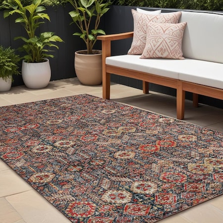 Homeroots 8' X 10' Red And Dark Blue Floral Washable Indoor Outdoor Area Rug 564371