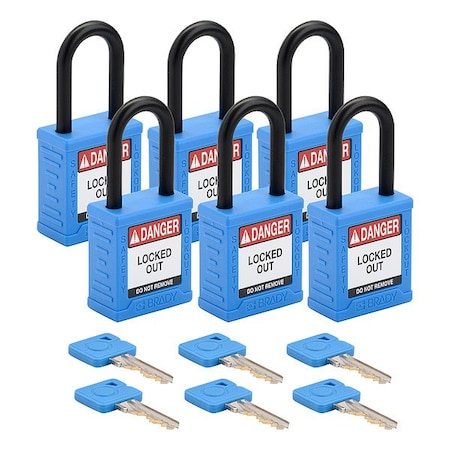 Brady Padlock, Keyed Different, Nylon, Blue, 1 1/2 in Shackle Height, 1 1/2 in Body Width, 6 No. of Keys SDPL-BLU-38PL-KD6