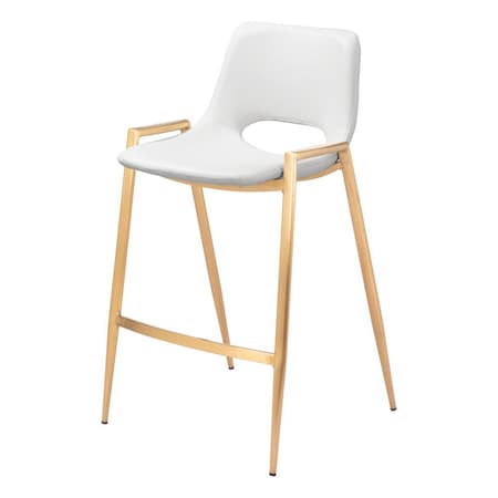 Homeroots Set of Two 26" White And Gold Faux Leather And Steel Low Back Counter Height Bar Chairs 555668