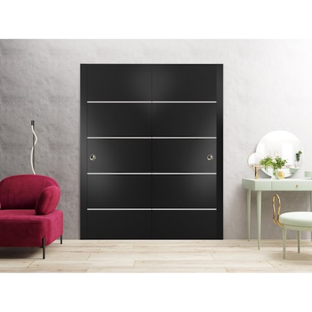 Sartodoors Sliding Closet Bypass Doors with Hardware, Planum 0210 Black Matte and Aluminum Strips, Sturdy Rail PLANUM0210DBD-BLK-84