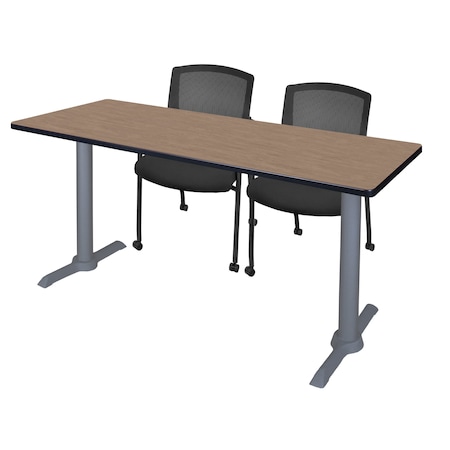 Regency Kobe T-Base Training Seminar Table W/ 2 Knight Mesh Chairs, 72 in W, 24 in L, Noble Oak MTRCT7224NOGY56CBK