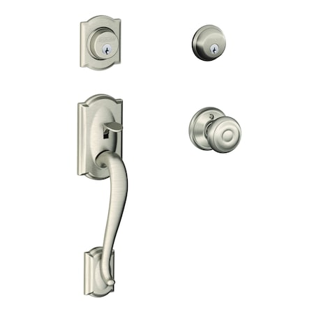 Schlage Residential Camelot with Georgian Knob Double Cylinder Handleset and Trim C Keyway with 12326 Latch and F62CAM619GEO