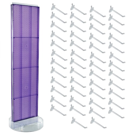 Azar Displays Purple Two-Sided Pegboard Floor Display On Revolving Studio Base with 50 6in Clear Hooks 700780-PUR-6C50
