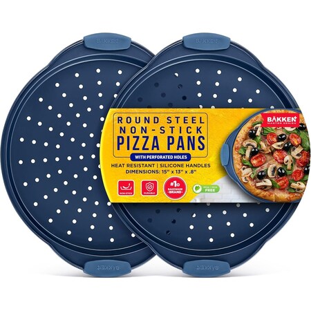 Bakken- Swiss BAKKEN Pizza Pan, Round Perforated, Nonstick Marble Coating, Dishwasher Safe, Blue, 2PK BAKPIZSHRB86