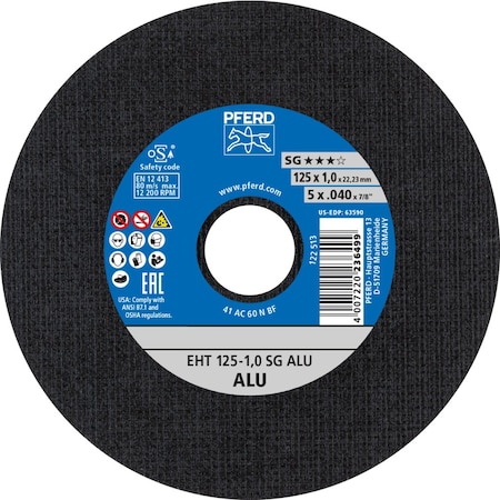 Pferd Cut-Off Wheel, Type 1, 5 in Dia, 0.040 in Thick, 7/8 in Arbor Hole Size, Aluminum Oxide 63590