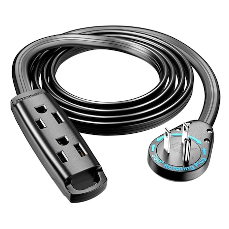 Maximm 6ft 14AWG 3-Outlet 360 degrees Flat Plug Extension Cord w/ Loop, UL, Black ADW-S360-C1F06-14B0