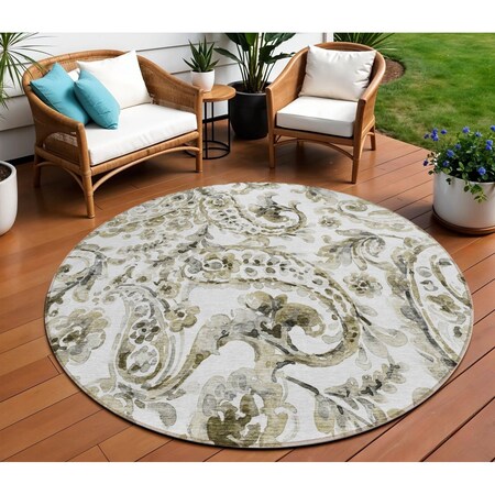 Homeroots 8' Brown Ivory And Tan Round Paisley Washable Indoor Outdoor Area Rug 588638