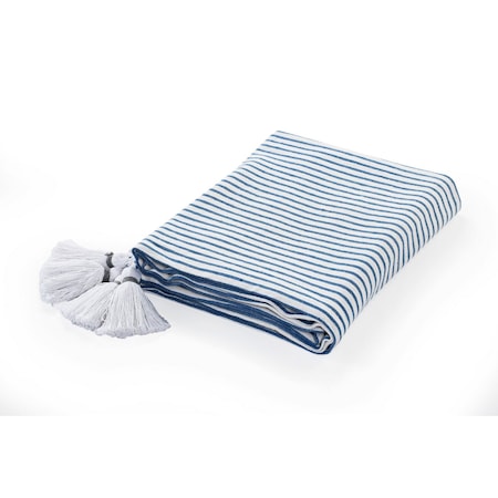 Homeroots 50" X 60" Blue and White Woven Cotton Striped Throw Blanket with Tassels 516577