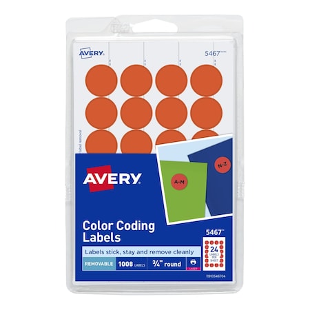 Avery Laser/Inkjet Label, 3/4 in Label W, 3/4 in Label H, 24 Labels per Sheet Neon Red 727825467