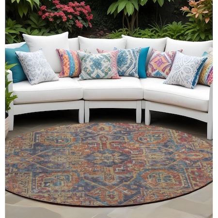 Homeroots 8' Red Orange And Blue Round Oriental Washable Indoor Outdoor Area Rug 563840