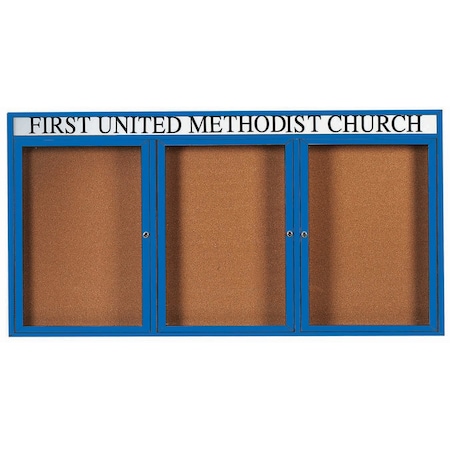 Aarco Enclosed Natural Pebble Grain Cork Bulletin Board w/ Header Blue Powder Coated Al Frame, 48''Hx96''W DCC4896-3RHB