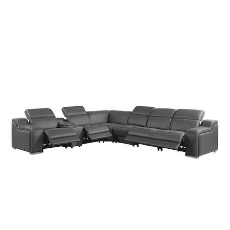 Homeroots Gray Italian Leather Power Reclining Curved Seven Piece Corner Sectional With Console 544984