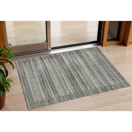 Homeroots 3' X 5' Pewter And Charcoal Striped Washable Indoor Outdoor Area Rug 631503