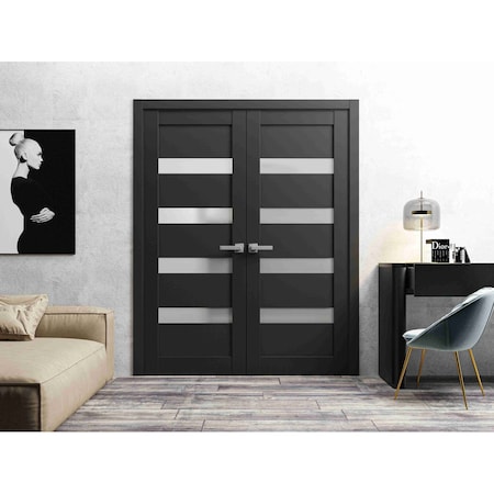Sartodoors Solid French Double Doors 36 x 96in, Quadro 4113 Matte Black Frosted Glass QUADRO4113DD-BLK-3696