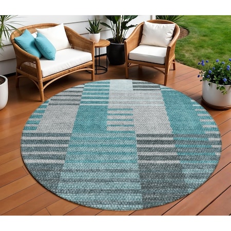 Homeroots 8' Teal Blue Aqua And Gray Round Striped Washable Indoor Outdoor Area Rug 581715