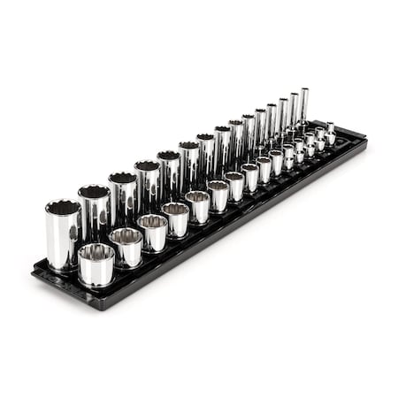 Tekton 3/8 Inch Drive 12-Point Socket Set with Rails and Tray, 30-Piece 1/4-1 in. SHD91210