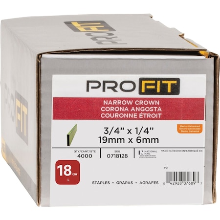 Pro-Fit 1/4'' x 3/4'' 18-Gauge Electro Galvanized Narrow Crown Collated Finish Staples, 4000 Ct. 718128