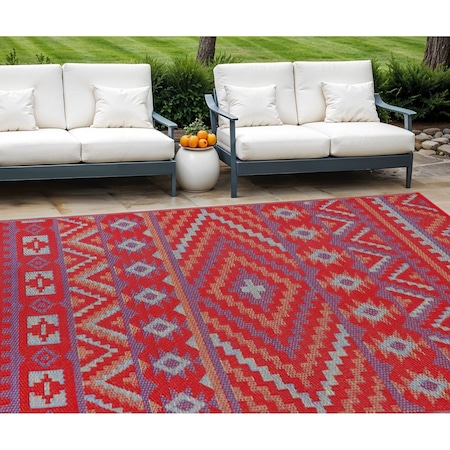 Homeroots 9' X 12' Red Geometric Machine Braided Distressed Area Rug With UV Protection 555595