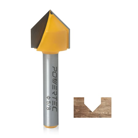 Powertec 90 Degree V-Groove Router Bit, 5/8in Cutting Diameter, 1/4in Shank, 5/8in Depth 1-7/8in Overall Length 73043N