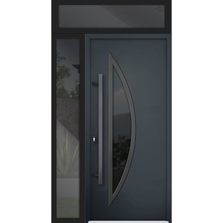 Vdomdoors Steel Door Deux 6501 Anthracite Sidelight and Transom Window Stainless Inserts Single Modern Painte DEUX6501EXD-BLK-W36+12 x H80+16-Left-hand Inswing