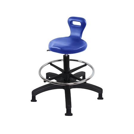 Blue Ridge Ergonomics Poly Serpent Stool - Medium Bench Height with Chrome Foot Ring & Stationary Glides in Blue Poly PSPMBSL-RG-CF-RG-BLU