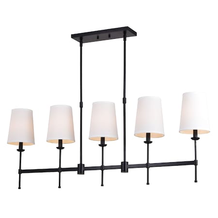Vaxcel Camden 5 Light Matte Black Linear Chandelier Island Pendant Fixture White Fabric Shade H0289