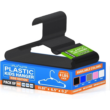 Lifemaster Plastic Kids Clothes Hanger, Children Clothes Hanger with Shoulder Notch, 11.6 Inch Space-Saving LMPKH10BK