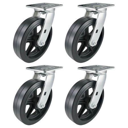 Hyw Products Heavy Duty Caster Set 8in Rubber on Cast Iron Wheels, 4 Swivel, 4PK 40-80S-A1-RC-4