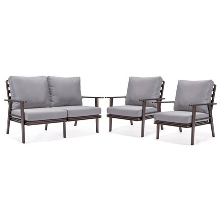 Leisuremod Walbrooke 3-Piece Outdoor Patio Set, Brown Aluminum Frame & Removable Cushions, Grey WBR-57-31GR