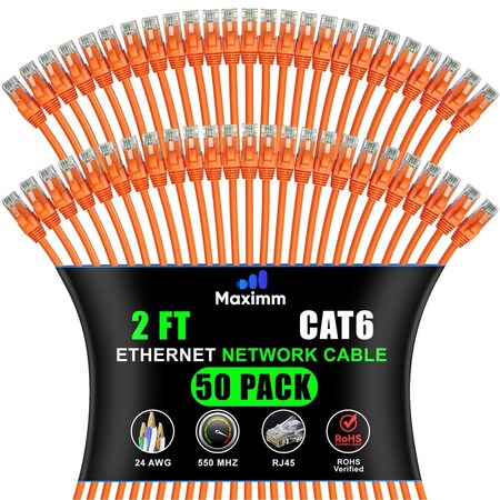 Maximm Cat6 Ethernet Cable 2ft 10Gbps 550MHz UTP, 50PK, Orange, 50PK CAT6CCA-2OR-50PK