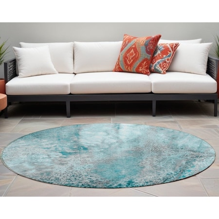 Homeroots 8' Round Gray and Ivory Round Abstract Washable Non Skid Indoor Outdoor Area Rug 559618