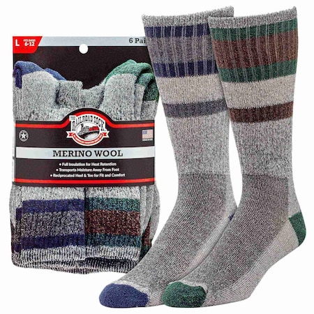 Railroad Sock Mens Crew Socks, 5% Merino Wool, 40% Acrylic, 13% Stretch Nylon, 2% Elastic, 6-12 M, 6 PK 2846