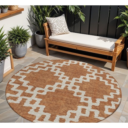 Homeroots 8' Brown And Ivory Round Geometric Washable Indoor Outdoor Area Rug 593782