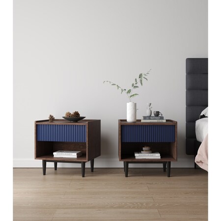 Manhattan Comfort Duane Modern Ribbed Nightstand with Full Extension Drawer in Dark Brown and Navy Blue, 2PK 2-NS-10GLF-NB