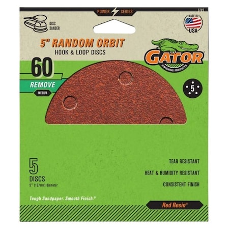 Gator Sanding Disc, 5 in Dia, 60 Grit, Coarse, Aluminum Oxide Abrasive, Vented 3785